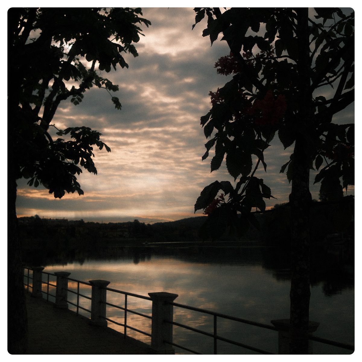 Tramonto sul lago visto da dietro una ringhiera (foto di Nicola Zamberlan)